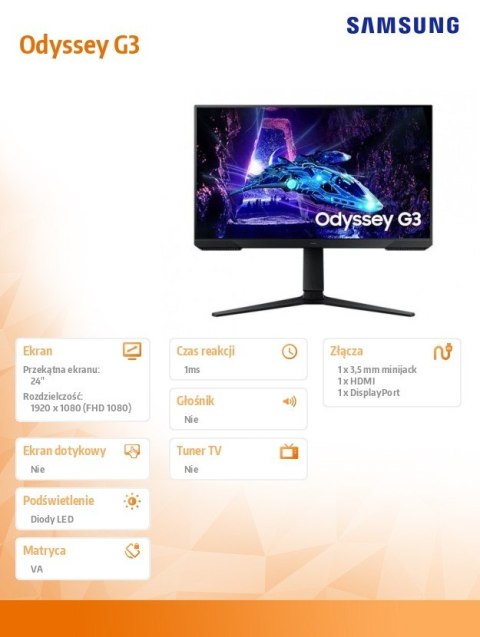 Monitor Samsung Odyssey G3 24 FHD gamingowy 180Hz z FreeSync