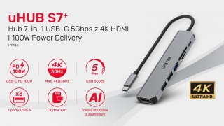 Hub Unitek uHUB S7+ 7w1 USB-C HDMI 4K aluminiowy z PD 100W