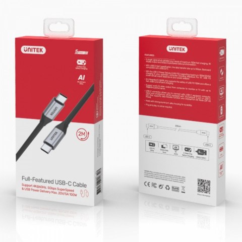 Kabel Unitek 2m USB-C do USB-C 100W 4K 5Gbps szybki aluminiowy