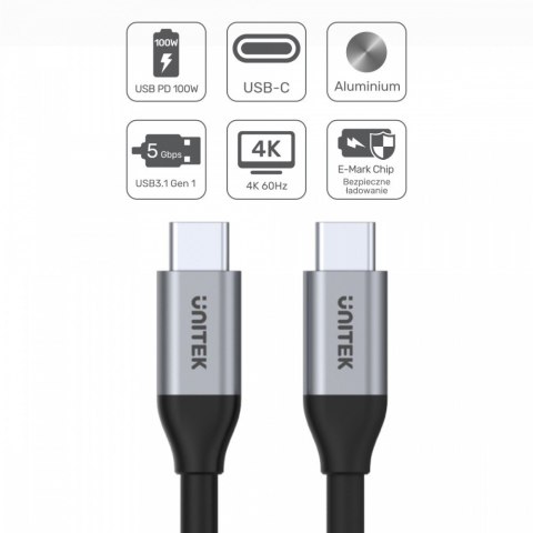 Kabel Unitek 2m USB-C do USB-C 100W 4K 5Gbps szybki aluminiowy