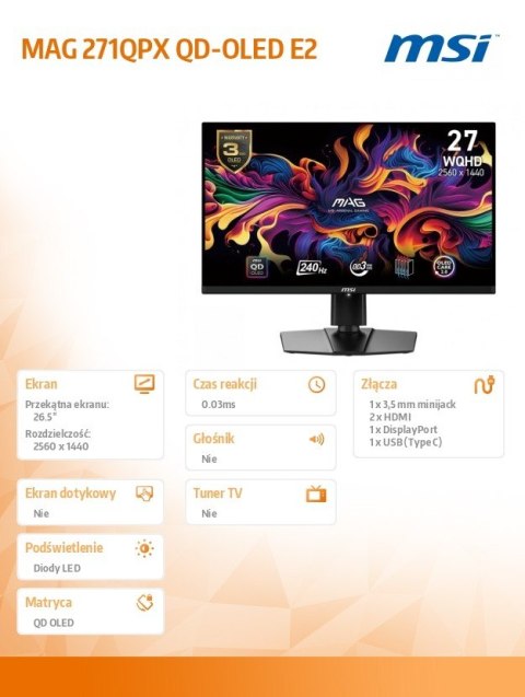 MSI Monitor 26.5 cala MAG 271QPX QD-OLED E2 LED/WQHD/FLAT/240Hz/czarny