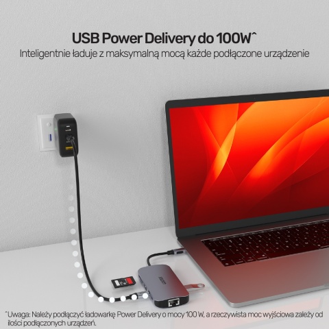 Unitek Hub N9+ USB-C HDMI 4K60 PD 100W 9w1 kompaktowy Gigabit czytnik kart
