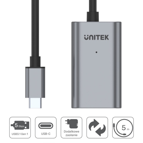 Unitek U304A przedłużacz USB C na USB A 5m wydajny wzmacniacz sygnału
