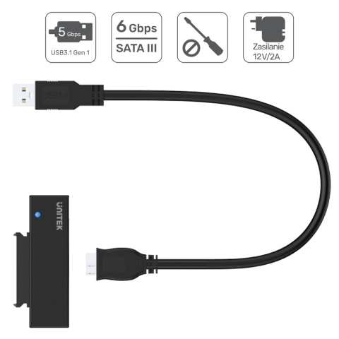Unitek Y-1039 mostek USB 3.0 SATA III 2.5/3.5 szybki adapter z zasilaczem