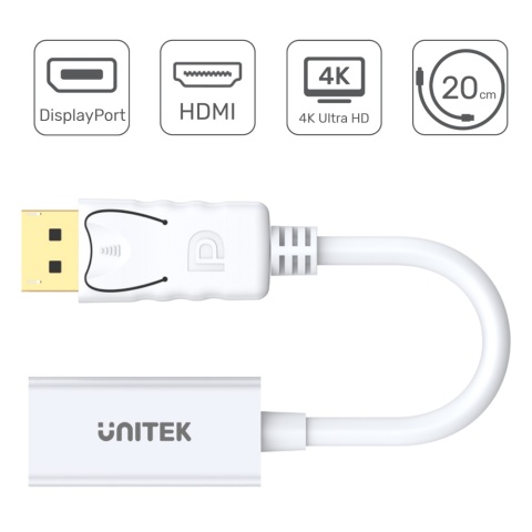Unitek Y-6332 adapter DisplayPort HDMI 4K kompaktowy 20cm Plug and Play