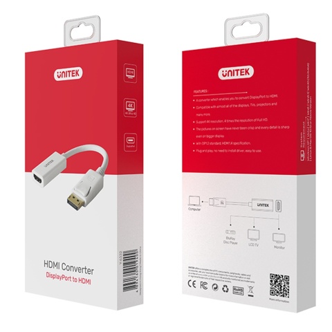 Unitek Y-6332 adapter DisplayPort HDMI 4K kompaktowy 20cm Plug and Play
