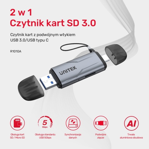 Czytnik kart Unitek R1010A SD microSD USB C USB A 5Gbps szybki kompaktowy