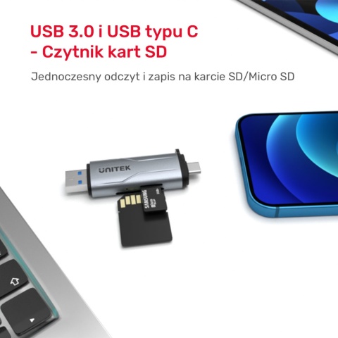 Czytnik kart Unitek R1010A SD microSD USB C USB A 5Gbps szybki kompaktowy