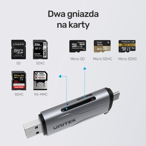 Czytnik kart Unitek R1010A SD microSD USB C USB A 5Gbps szybki kompaktowy