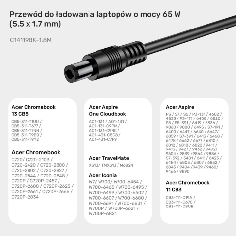 Kabel zasilający Unitek 65W USB C do Acer DC 5 5 mm lekki