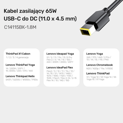 Kabel zasilający Unitek C14115BK 1.8m 65W USB C do Lenovo