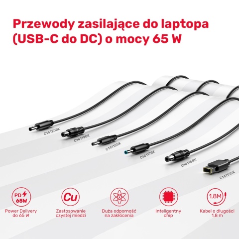 Kabel zasilający Unitek do Lenovo 65W USB C DC 4mm 1.8m wydajny