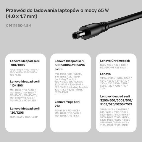 Kabel zasilający Unitek do Lenovo 65W USB C DC 4mm 1.8m wydajny