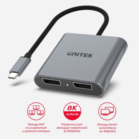 Unitek Adapter USB-C 2x DisplayPort 1.4 8K 60Hz MST HDCP