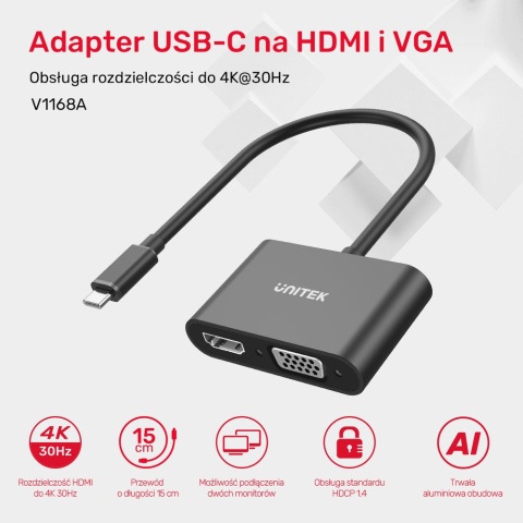 Unitek Adapter USB C V1168A HDMI 4K VGA Full HD lekki kompaktowy