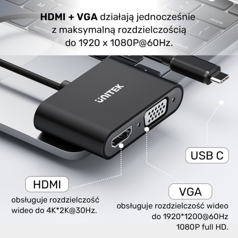 Unitek Adapter USB C V1168A HDMI 4K VGA Full HD lekki kompaktowy