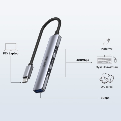 Unitek H1208B Hub USB C 4w1 1xUSB3 5Gbps 3xUSB2 alu kompaktowy