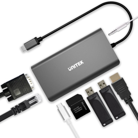 Unitek Hub D1019B USB-C 8w1 100W Power Delivery kompaktowy HDMI Ethernet