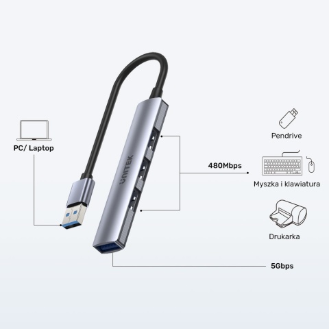 Unitek Hub USB H1208A 4 porty USB A 5 Gbps 3x USB 2.0 aluminiowy kompaktowy
