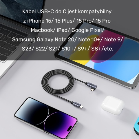 Unitek Kabel USB-C kątowy 90° 1m PD 100W nieplączący nylonowy