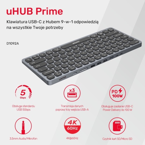Unitek Klawiatura 9w1 hub USB HDMI 4K PD 100W ergonomiczna