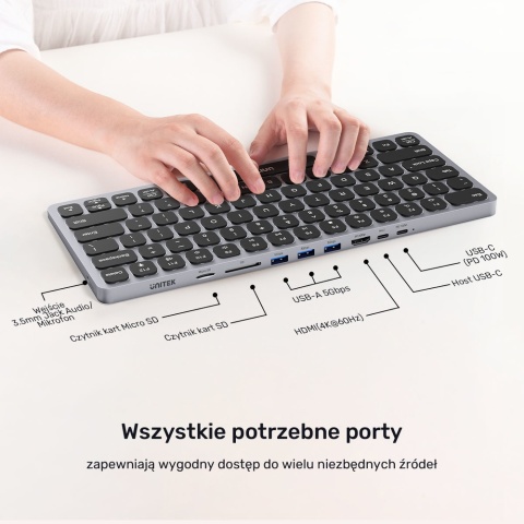 Unitek Klawiatura 9w1 hub USB HDMI 4K PD 100W ergonomiczna