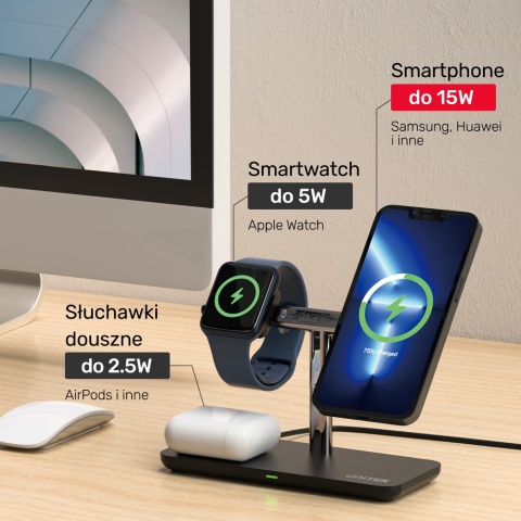 Unitek Ładowarka magnetyczna 3w1 iPhone 15W bezprzewodowa stacja ładująca