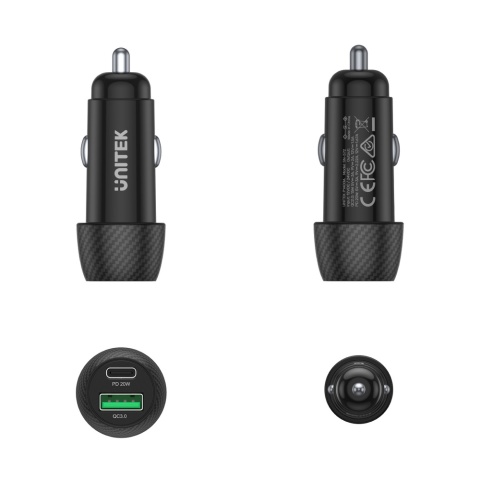 Unitek Ładowarka samochodowa 38W USB C USB A szybka QC3.0 kompaktowa