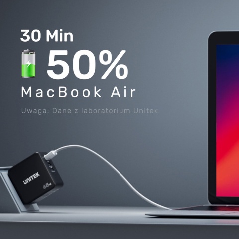 Unitek P1117B Ładowarka GaN 65W USB C 3 porty PD QC 30W kompaktowa podróżna