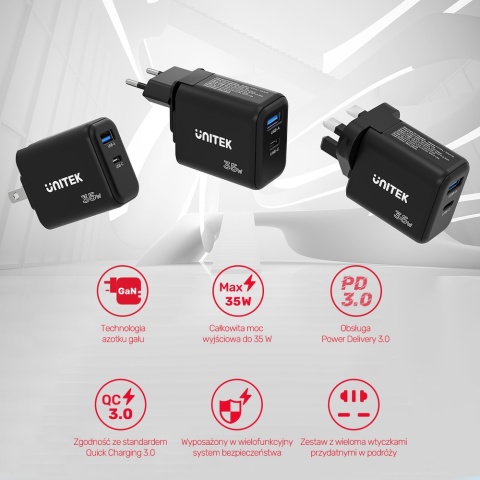 Unitek P1119A ładowarka GaN 35W USB-C USB-A kompaktowa podróżna