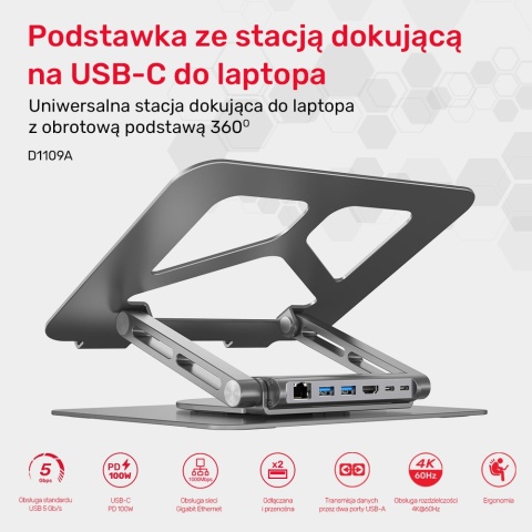 Unitek Podstawka pod laptop USB-C HDMI 4K PD 100W ergonomiczna z hubem