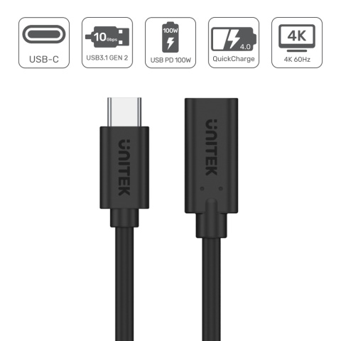 Unitek Przedłużacz USB C 1,5 m 10Gbps 4K PD 100W wydajny