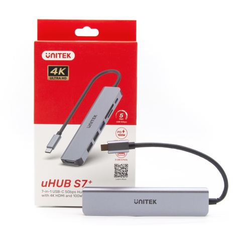 Unitek uHUB S7+ Hub USB C aluminium 7w1 PD 100W HDMI 4K SD