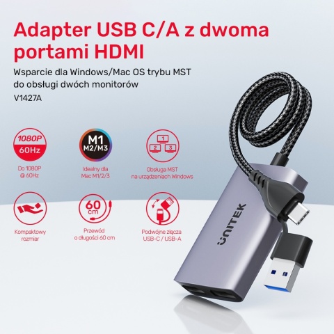 Unitek Adapter USB C A 2x HDMI Full HD MST kompaktowy multimonitor lekki