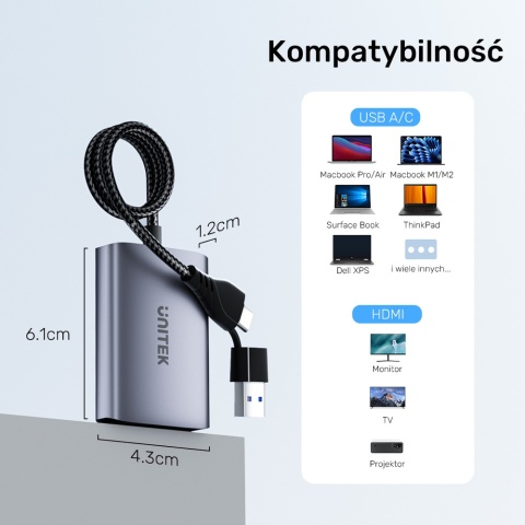 Unitek Adapter USB C A 2x HDMI Full HD MST kompaktowy multimonitor lekki