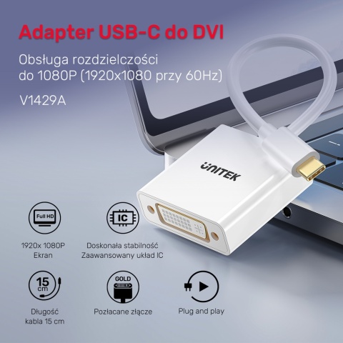 Unitek Adapter V1429A01 USB-C do DVI Full HD 1080p 15cm Biały