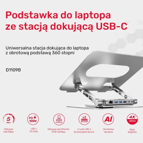 Unitek D1109B01 podstawka pod laptop z hubem USB-C 4K PD 100W obrotowa
