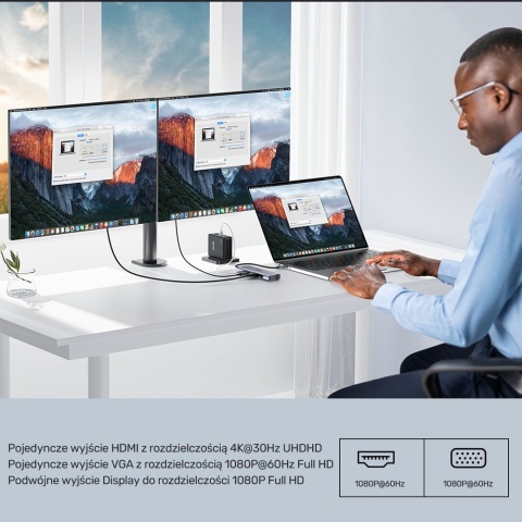 Unitek Hub D1113A 9w1 USB C HDMI VGA Gigabit Ethernet PD 100W kompaktowy