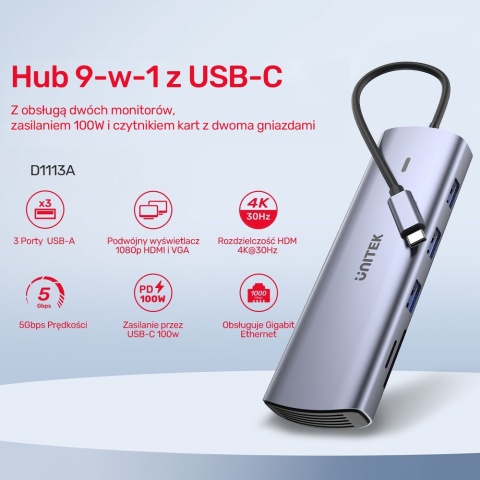 Unitek Hub D1113A 9w1 USB C HDMI VGA Gigabit Ethernet PD 100W kompaktowy