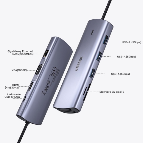 Unitek Hub D1113A 9w1 USB C HDMI VGA Gigabit Ethernet PD 100W kompaktowy