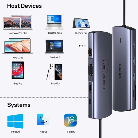 Unitek Hub D1113A 9w1 USB C HDMI VGA Gigabit Ethernet PD 100W kompaktowy