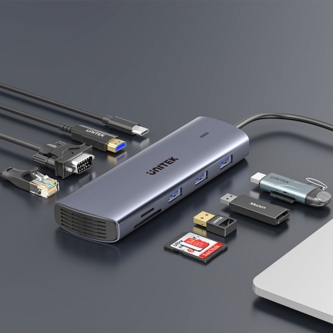 Unitek Hub D1113A 9w1 USB C HDMI VGA Gigabit Ethernet PD 100W kompaktowy