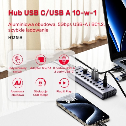 Unitek Hub H1315 USB C USB A 10w1 5Gbps wydajny z przełącznikami portów