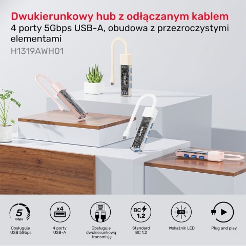 Unitek Hub H1319A dwukierunkowy USB-C USB-A 4x USB-A 5Gbps biały