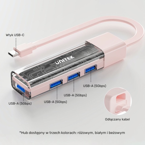Unitek Hub USB H1319 4x USB A 5Gbps dwukierunkowy kompaktowy różowy