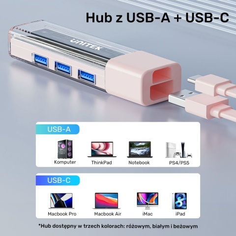 Unitek Hub USB H1319 4x USB A 5Gbps dwukierunkowy kompaktowy różowy