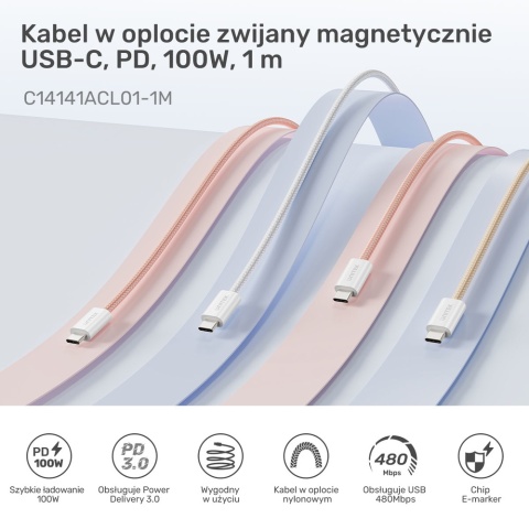Unitek Kabel C14141ACL01-1M USB C PD 100W magnetyczny 1m beżowy