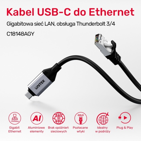 Unitek Kabel Ethernet USB C RJ45 2m szybki stabilny 5Gbps LAN