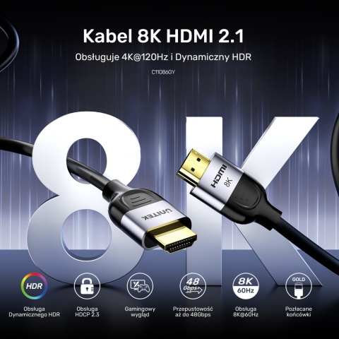 Unitek Kabel HDMI 2.1 8K 60Hz 2m czarny gaming 48Gbps HDR VRR