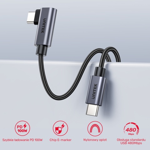 Unitek Kabel USB-C kątowy 90° 3m PD 100W nylonowy nieplączący